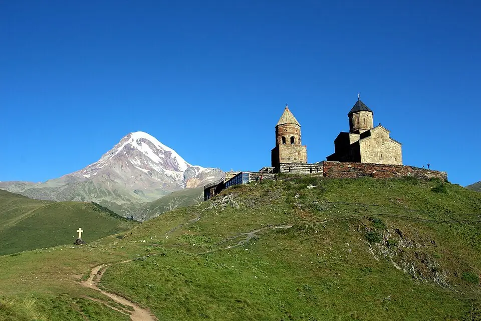 Gergeti Trinity Church with Mount Kazbek behind