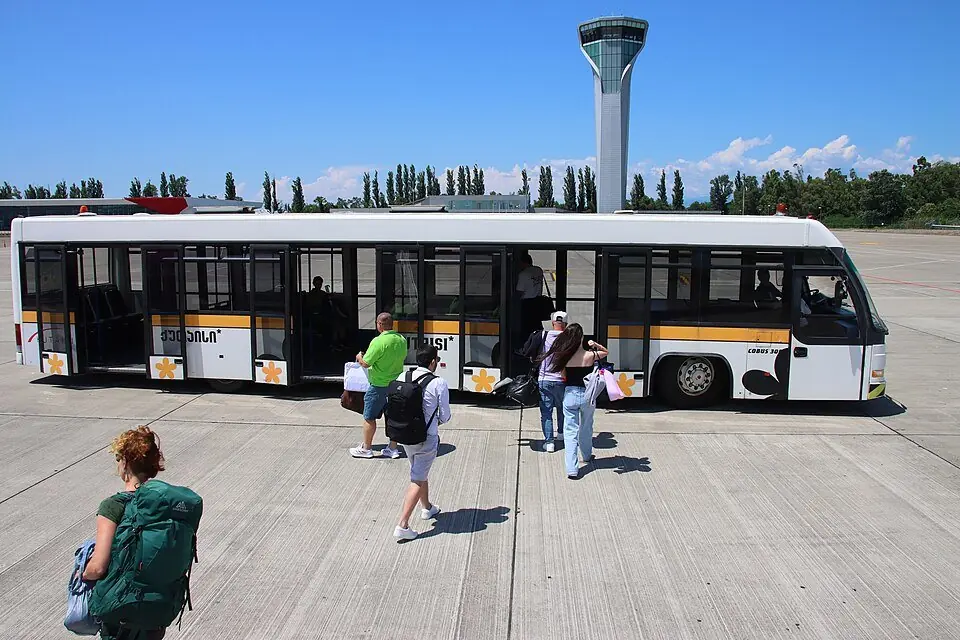 Apron bus and control tower at Kutaisi International Airport