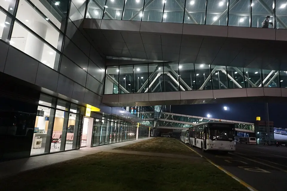 Arrivals area of Tbilisi International Airport at night
