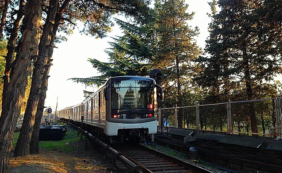 Tbilisi metro train on the open section near Didube