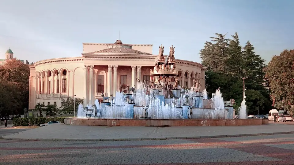 Colchis Fountain with golden animal figures before the drama theatre on Kutaisi central square