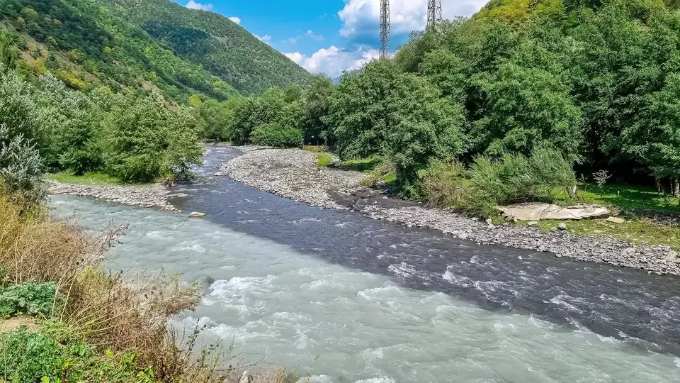 Aragvi river flowing over pebbles past green forested slopes at Pasanauri