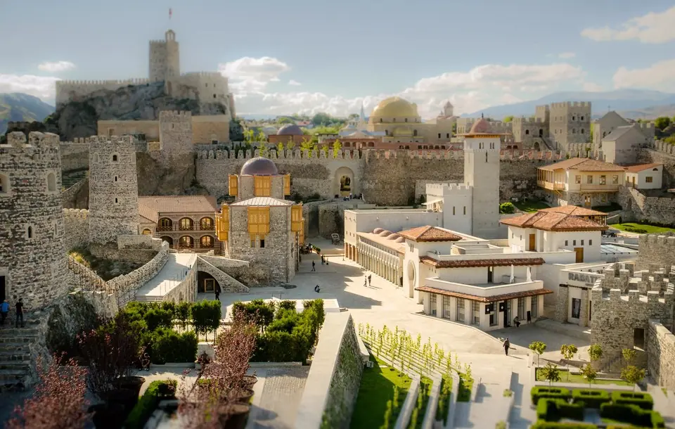 Rabati Castle courtyard with its golden-domed mosque, towers and stone walls