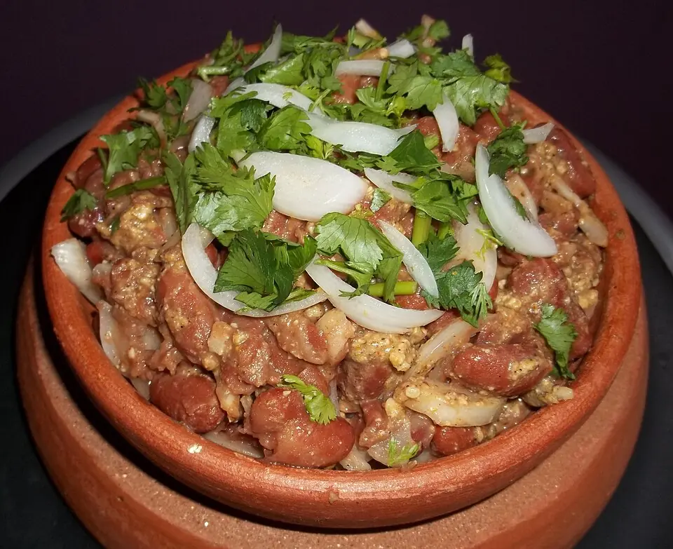 Red bean lobio with walnuts in a clay pot, topped with fresh coriander and sliced onion