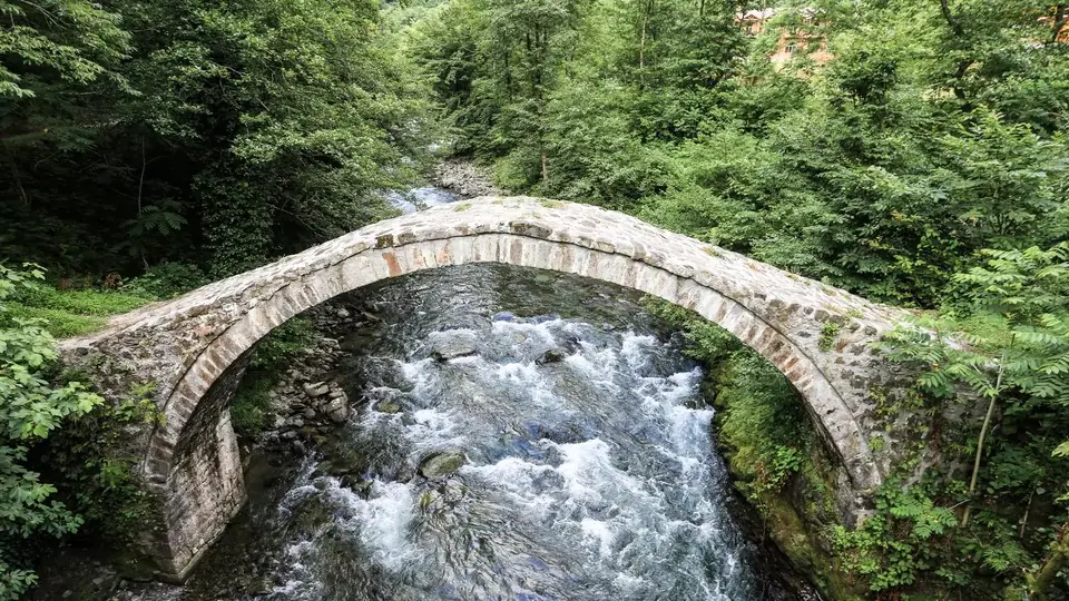 Medieval arched stone bridge over a rushing river in a green Adjara gorge
